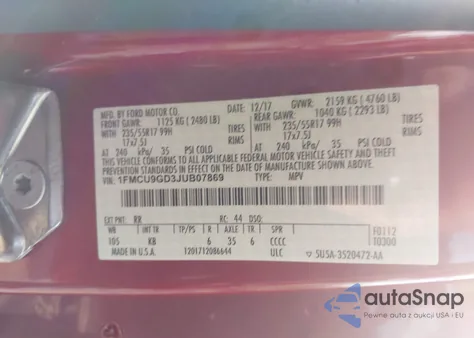 2018 Ford Escape Se z USA, uszkodzony, nr VIN 1FMCU9GD3JUB07869